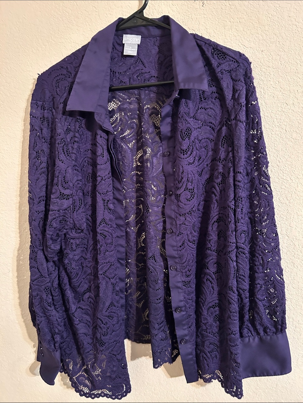 Chico's Deep Purple Lace Button-Down Blouse Sheer Lace Office Dress